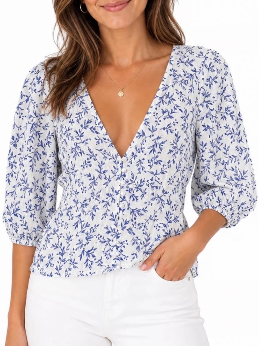 H&M White Puff Sleeve Linen Button Blouse with Blue Floral Print